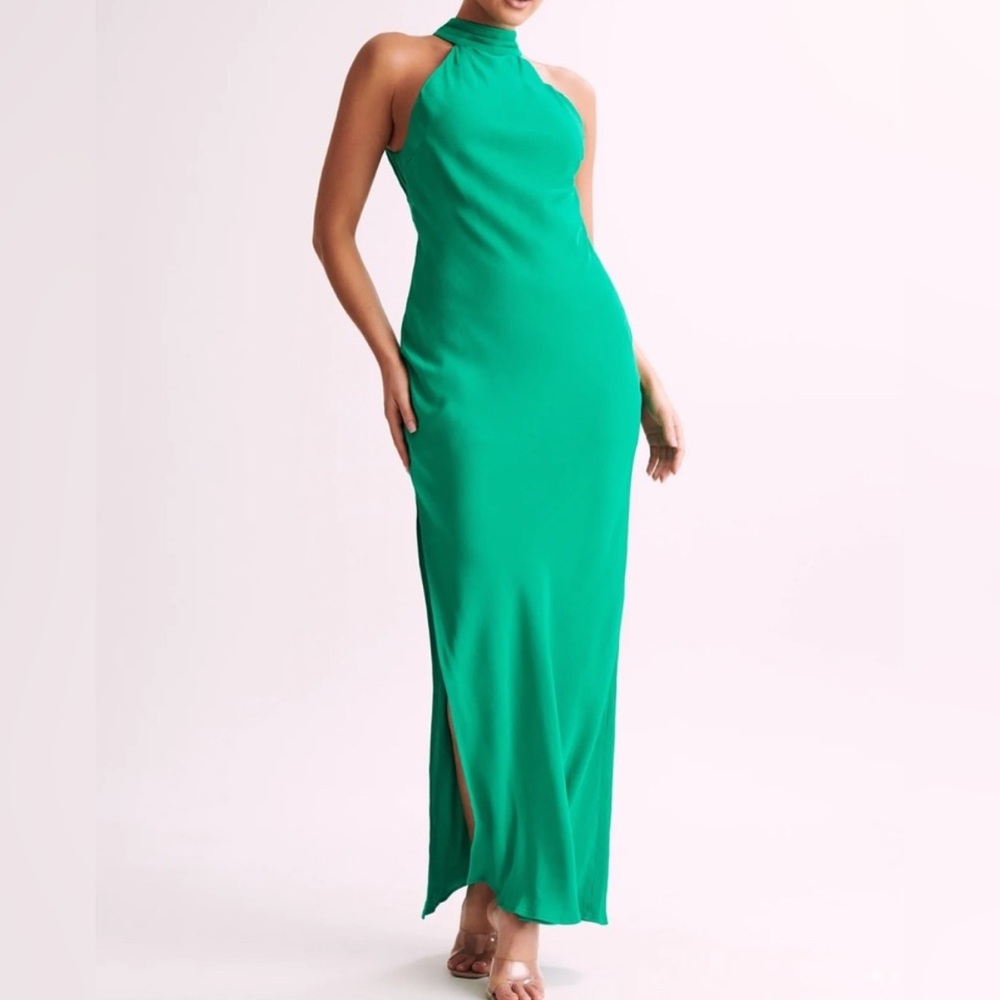 Green Satin Maxi Dress with Split